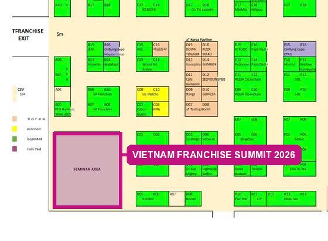 Phòng hội thảo: Khu hội thảo (Seminar Area) — góc dưới bên trái sảnh triển lãm, gần lối ra phía bên trái